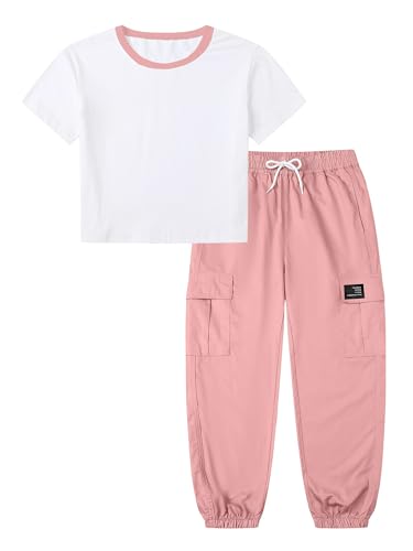 Image of Betusline Girls 2 Piece Summer Outfits,Kids Casual Short Sleeve Crop Top & Cargo Jogger Pants Sets,4T-14Y