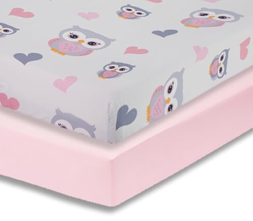 Image of Everyday Kids 2 Pack Fitted Girls Crib Sheet, 100% Soft Breathable Microfiber Baby Sheet, Fits Standard Size Crib Mattress 28in x 52in, Nursery Sheet - Sweet Owls /Pink