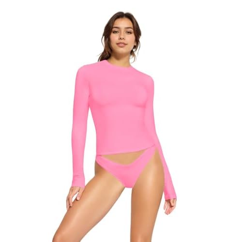 Crewneck Cotton Long Sleeve T Shirts for Women Basic Tees Crop Tops Slim Fitted Y2k Going Out Tops Pink Small