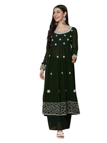 Image of PH POSHAKHUB Women A-Line Nyra Cut Kurta with Sharara in Georgette with Aari Work