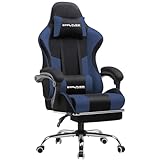 GTPLAYER Silla Gaming con Masajeador Ergonómica Silla Gamer con Reposapiés Reposacabeza, Silla de Oficina Ergonómica, Soporte Lumbar, Silla Juego Ajustable en Altura, Tela Azul