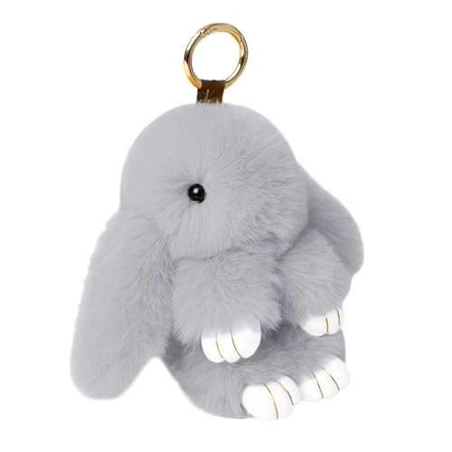 Porte-clés lapin, porte-clés de lapin pelucheux, doux, mignon, fourrure de lapin Rex, peluche, pour voiture, sac à main, porte-clés, breloque, gris clair,...