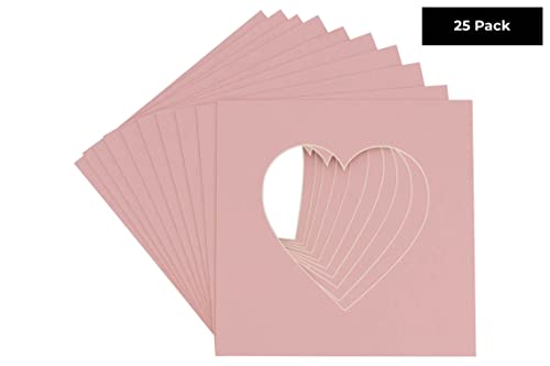 CountryArtHouse Pink Acid Free 8x8 Heart Picture Frame Mat with White Core Bevel Cut for 4x4 Pictures - Fits 8x8 Frame - Pack of 25 Matboard Show Kits with Acid Free Backings & Clear Bags