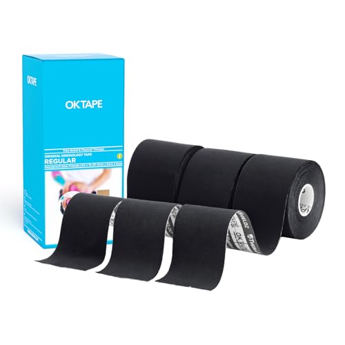 Image of OK TAPE Kinesiology Tape (3 Pack) Latex Free Cotton Uncut 2in x 16.4ft | Regular Original Elastic Water Resistant Therapeutic Athletic Tape for Support Muscle Joint Knee Injury Recovery Black