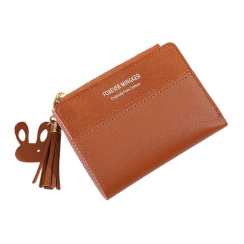 Carteira pequena para mulheres, porta-cartões dobrável com zíper, bolso para moedas, multicartão, borla feminina, Marrom, Tendência