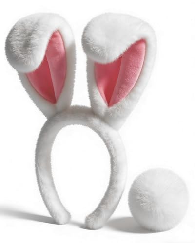Taranovi Easter Bunny Costume Accessories - Rabbit Ears Headband and Tail for Adult Women Cute Floppy Fluffy Cosplay Set (Pink)