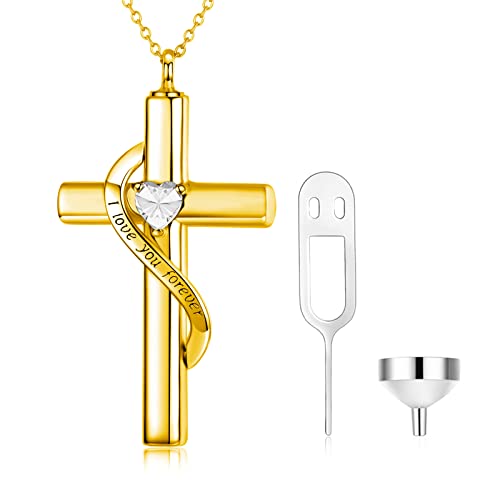 SOULMEET Crystal Cross Necklace for Ashes Gold Plated Silver I Love You Forever Birthstone April Cross Urn Necklaces for Ashes Keepsake Cremation Jewelry for Pet Human Ashes