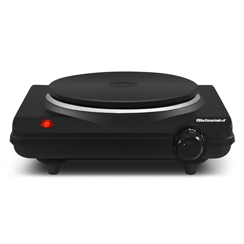 Elite Gourmet ESB-301BF# Countertop Single Cast Iron Burner, 1000 Watts Electric Hot Plate, Temperature Controls, Power Indicator Lights, Easy to Clean, Black