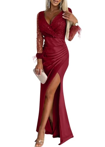 Robe sexy col en V manches longue avec plumes de cocktail une coupe slim fit haute couture