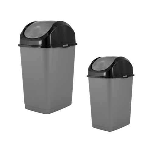 Image of Superio Mini 1.25 Gallon and Small 2.5 Gallon Plastic Trash Cans with Swing Top Lid, Grey Waste Bin for Countertop, Desk, Vanity, Bathroom, 2 Pack (Grey /Black)