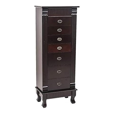 Large Standing Jewelry Armoire Storage Chest ,Standing Jewelry Armoire Cabinet with Makeup Mirror and Top Divided Storage Organizer, with 7 Drawers, 2 Swing Doors,16 Necklace Hooks, Dark Brown Cover
