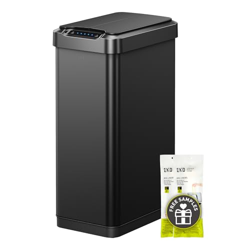 Image of EKO Phantom-T 13.2 Gallon / 50L Automatic Sensor Kitchen Trash Can or Recycling Bin, Slim Stainless Steel Touchless Garbage Bin with Soft-Close Dual Wing Lid for Home & Office, Matte Black
