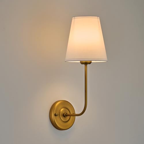 Image of PASSICA DECOR Hardwired Wall Sconces Set of 2 Vintage Industrial Wall Lamp Light Fixture with Flared White Fabric Shade for Living Room Bedrooms Bedside Reading Fireplace Farmhouse