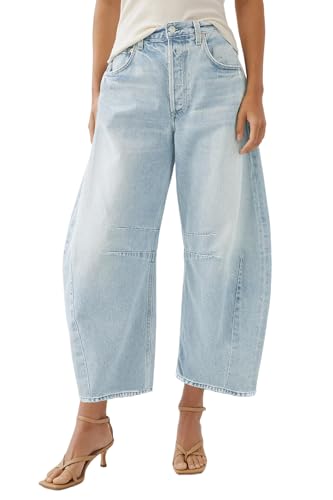 Allimy Women Jeans High Waisted Mid Rise Baggy Loose Fit Ankle Barrel Leg Y2K Boyfriend Horseshoe Cropped Wide Leg Jeans for Women Trendy 2025 Denim Capri Pants Women Light Blue Size 8