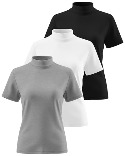Ficerd 3 Pack Women's Mock Neck Shirts Short Sleeve Turtleneck Tops Slim Fitted Dressy Casual Tees Summer Basic Tshirts 2026(Black, White, Light Gray,Large)