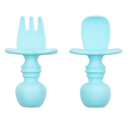 Image of Bumkins Baby Utensils Set, Chewtensils Silicone Spoons for Dipping, Self-Feeding, Baby Led Weaning, Trainer Learning First Stage Eating, Soft Practice Fork and Spoon, Babies 6 Months, Blue