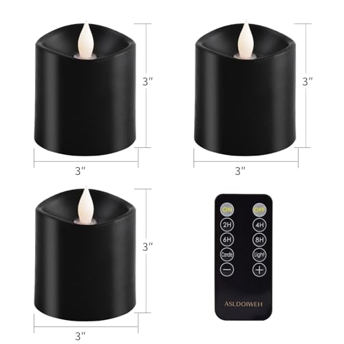 Image of 3x3 Flickering Flameless Candles Set of 3, 2AA Battery Life 600 Hours Battery Candles Flickering with Timer, 3 inch Flameless Candles with Remote for Indoor /Outdoor, Black