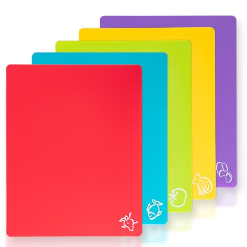 Comparison: Best Chopping Mats Flexible 4 5 Pieces Flexible Plastic Cutting Board Mats with Food Icons, BPA Free Cutting Boards for Kitchen, Non Slip Cutting Mat for Meat and Vegetables (Red, Bright Yellow, Light Green, Purple, Lake Blue)