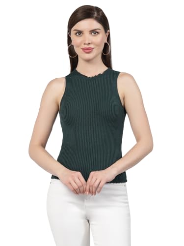 Image of Kalt Womens Knitted, Ribbed Cotton Fitted Sleeveless Round Neck Cami Tank Top