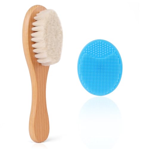 Beugo 2PCS Baby Hair Brush Super Soft Goat Bristles Brush and Baby Silicone Brush Set Toddler Cradle Cap Brushes for Newborn Boys Girls Blue