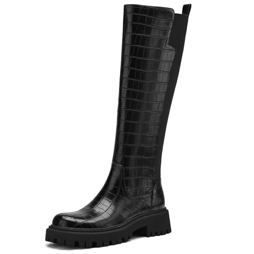 Image of TEAIEU Knee High Boots for Women, Platform Chunky Block Low Heel Tall Boots, Round Toe Side Zipper Fall Long Boots for Dress, Stretch Calf, Comfortable
