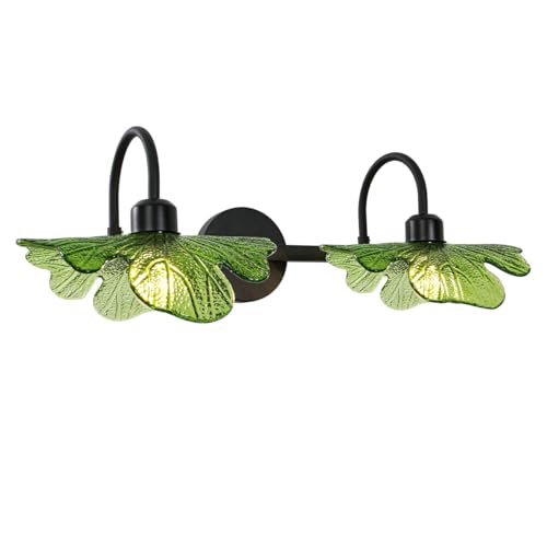Image of 2-Light Vanity Light, Black Wall Sconce with Green Glass Shade, Vintage Bathroom Light Fixture for Over Mirror, Bedroom, Hallway, Living Room