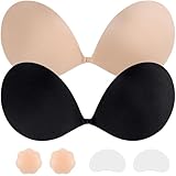 YODOOLTLY Adhesive Push Up Sticky Bra 2 Pairs Strapless Bra Invisible Backless Silicone Bra with Nipple Covers for Women F Black Nude