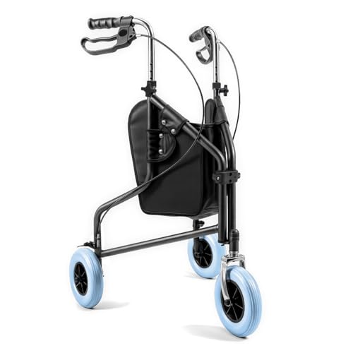Helping Hand Company Lightweight Three Wheeled Folding Walker with Brakes and Carry Bag. Height Adjustable Indoor and Outdoor Rollator for Seniors, Disabled and Anyone Who Needs Support When Walking