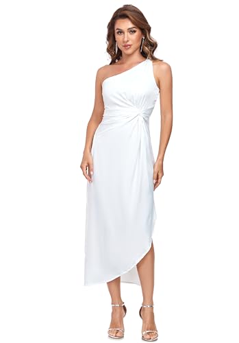Image of Women's One Shoulder Satin Silk Backless Split Wrap Hem Twist Ruched Summer Party Cocktail Midi Dress