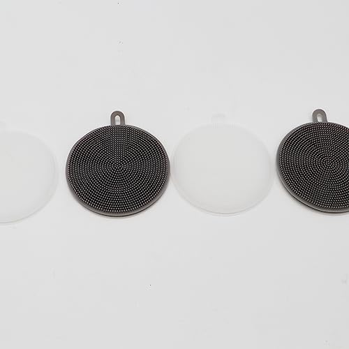 Image of Pokinge 4 Pcs Silicone Dish Scrubber Reusable Round Dishwashing Sponge Non-Scratch Fruit Vegetable Cleaning Brush Heat Insulation Pad for Kitchen(Grey and White)