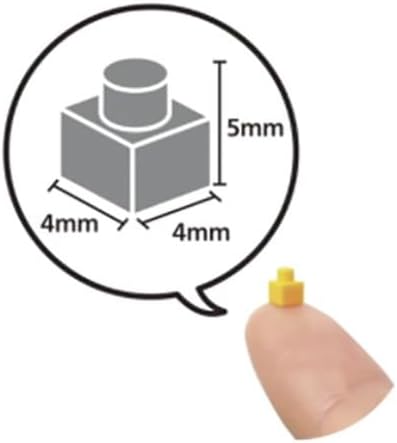 Diagram showing nanoblock dimensions (4mm x 4mm x 5mm) with a block on a fingertip for scale