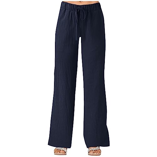 Pantalon en lin femme long taille haute couleur unie coupe droite