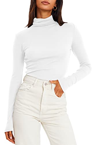 Trendy Queen Womens Thermal Underwear Turtleneck Long Sleeve Mock Neck Tight Stretch Basic Layering Scrub Shirts Fall Clothes White #TOP1