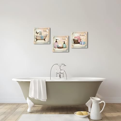Image of SkenoArt Bathroom Canvas Wall Art Relax Soak Unwind Quote Picture Print Vintage Paintings Posters Great Gift Home Artwork Framed Ready to Hang 12x12inchx3Pieces