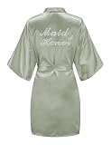 EPLAZA Women's One Size Silver Rhinestones Bride Bridesmaid Short Satin Robes for Wedding Party Getting Ready (Grass Green, Maid of Honor)