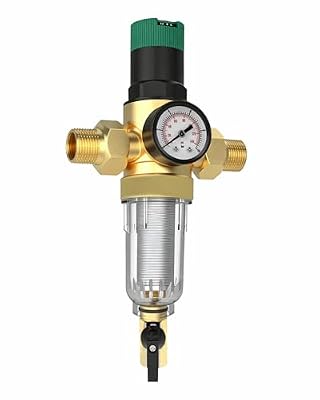 Valquave Water Pressure Regulator, with Spin Down Sediment Filter & Gauge for Home, 50 Micron, 1.25" MNPT + 1" FNPT + 1" MNPT, Heavy Duty Brass