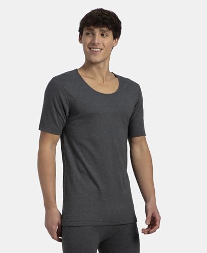 Jockey 2402 Men's Super Combed Cotton Rich Brushed Fabric Half Sleeved Thermal Undershirt with StayWarm Technology_Charcoal Melange_XL - Image 2 thumbnail
