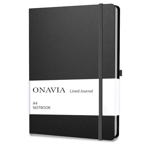 ONAVIA Cuaderno Rayado A4 Cuaderno de Viaje de Tapa Dura, Classic Libreta, Diario Premium Lineas de notas con Bucle de Lápiz, 160 páginas (Negro)