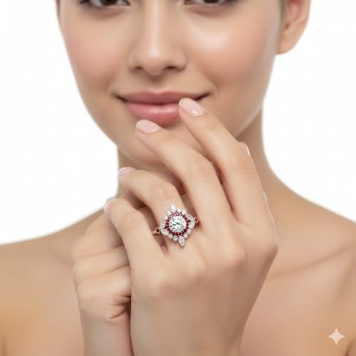 Image of 55Carat Choose Your Gemstone Round Halo Floral Engagement Ring Rose Gold Plated Round Shape Vintage Engagement Rings Everyday Jewelry Wedding Jewelry Handmade Gifts for Wife US Size 4 to 12