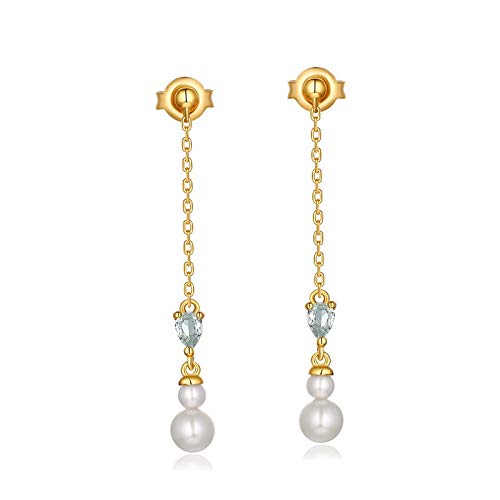 Boucles d'oreilles longues en topaze bleue et perles d'eau douce pour femmes