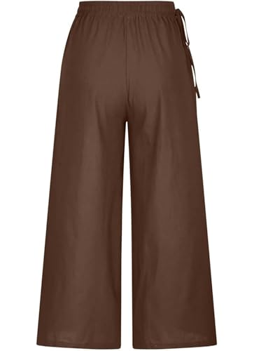 Image of KOTTY Women's Crumble Fabric High Waist Solid Color Drawstring Wide Leg Trousers Loose with Pockets