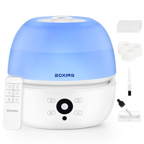 BOXING Top Fill Humidifiers for Bedroom Baby with Easy Remote, 20dB Quiet Cool Mist Air Humidifier for Large Room Home & Indoor Plants, 7 Color Night Light, Essential Oil Tray, Timer, Sleep Mode,3L
