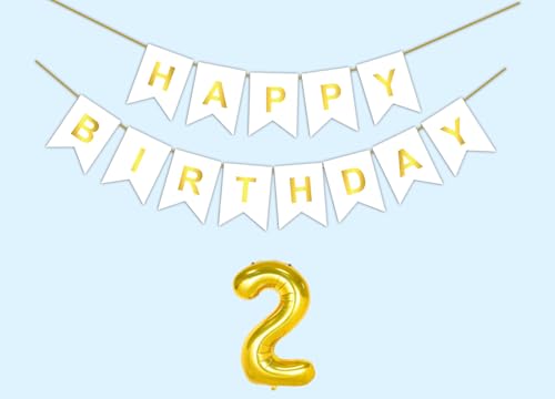 Image of Mystic Toy Store 2nd Happy Birthday Decoration Kit White for 2 year Old Boys Girls Baby with Number Two Party Decorations Decor Celebration Items Item Set Combo Reusable Paper Banner