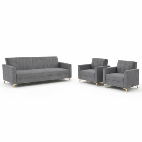 Image of Marvello 3+1+1 Fabric Sofa Set for Living Room | Soft Velvet Upholstery, Sturdy Wooden Frame | Stylish Sofa for Hall & Office Spaces (Dark Grey)