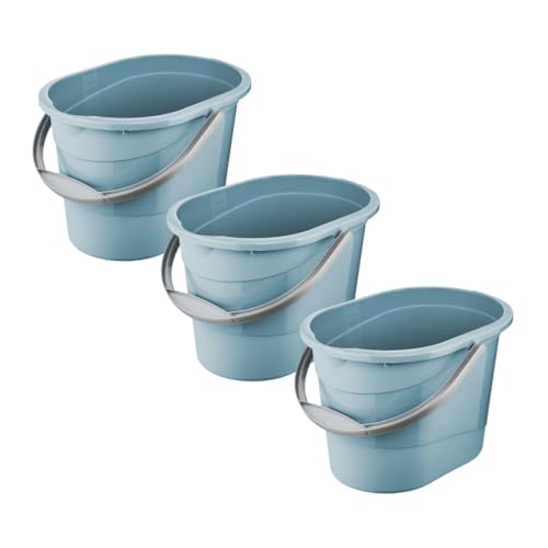 keeeper Thies 3X Putzeimer mit ergonomischem Griff, Griffmulde und Ausguss, 13 l, Oval, 37,5 x 26,5 x 25 cm, Nordic Blue