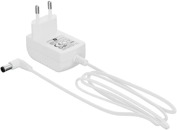 White AC power adapter with a long white cable.