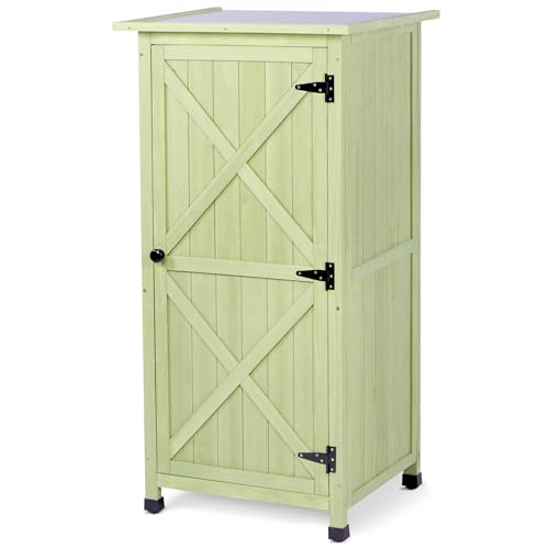 FTCBNet Wooden Outdoor Storage Cabinet, Vertical Garden Tool Shed with Waterproof Metal Roof & 2 Adjustable Shelves Ideal for Yard, Patio, Deck and Porch (Green, 20