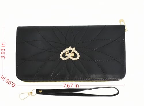 Women's long wallet with crystal bow, women's ultra-thin wallet with wristband, large capacity phone case, black, 7.67 x 3.93 inches3