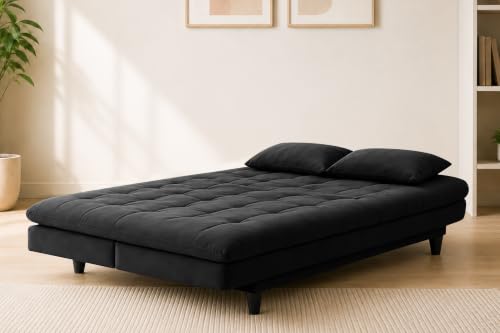 Image of Los Angeles Modern Convertible Futon Sofa Bed, Tufted Upholstered Folding Couch with Adjustable Backrest, Space Saving Sleeper Sofa for Living Room, Apartment, Office, Dorm & Guest Room - Black