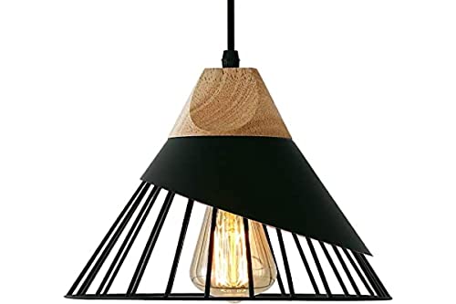 MAXDUYU Suspension Luminaire Vintage,Bois Métal design Lampe Plafonnier Industrielle en Luminaires Suspension Abat-jour 27 Applique d'Eclairage pour salle à manger Cuisine,Noir – vue 4